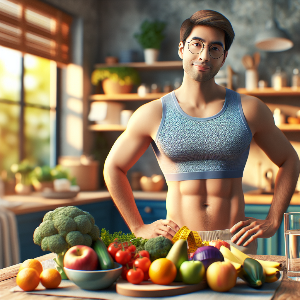 A person with a noticeably healthier and slimmer silhouette, smiling gently and looking confident, standing in a relaxed home environment. On a nearby kitchen counter or table, fresh, vibrant vegetables, fruits, and a glass of water are artfully arranged. There should be NO gym equipment, athletic wear, or any indication of physical exercise. The image conveys peaceful, sustainable weight loss through lifestyle and nutrition. Photorealistic style, warm natural lighting.