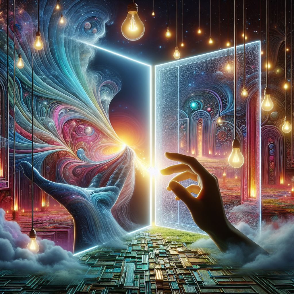 A human hand breaking through a translucent, misty barrier labeled 'Gibt es nicht' (German for 'It doesn't exist'). On the other side of the barrier, a vibrant, expansive landscape of endless possibilities unfolds, filled with interconnected pathways, glowing lightbulbs, and open doors. The scene is bright and optimistic, symbolizing overcoming limitations and finding creative solutions, digital art.