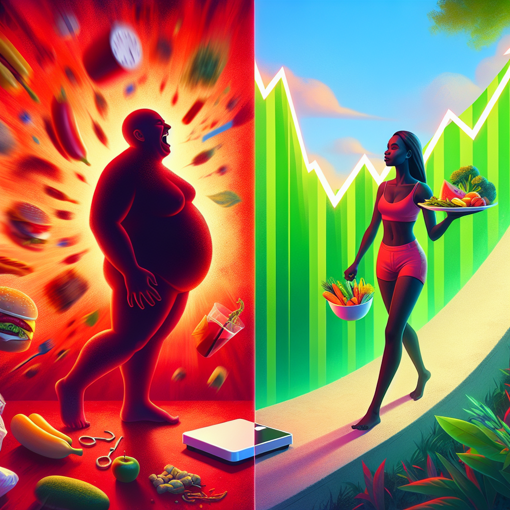 A vibrant split image contrasting the 'yo-yo effect' with sustainable weight loss. On the left side, a silhouette of a frustrated person is repeatedly shrinking and expanding, standing on a bathroom scale, surrounded by blurred, unhealthy fast food and a chaotic, red-toned background. On the right side, a serene person is confidently walking on a gentle, upward-sloping path, holding a balanced, colorful plate of fresh food, with a steady, green upward-trending graph in the background, set against a bright, calm, natural environment. Emphasize the emotional difference: struggle vs. ease, short-term vs. long-term success.