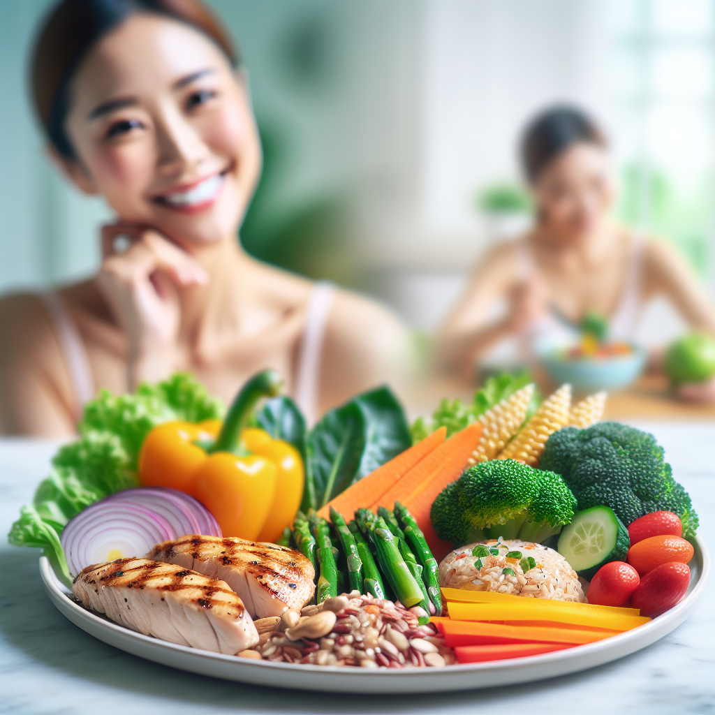 A bright, inviting, and modern top-down photo of a diverse, balanced, and colorful healthy meal on a clean plate. It should clearly show lean protein (e.g., grilled chicken or fish), fresh vibrant vegetables (e.g., broccoli, bell peppers, leafy greens), a portion of whole grains (e.g., quinoa or brown rice), and a hint of healthy fats (e.g., avocado or nuts). In the soft-focus background, a person is smiling while engaging in a light, everyday activity like gardening, walking in a park, or preparing food with a loved one, conveying a sense of ease, happiness, and integrated healthy living. Emphasize a feeling of 'abundance' and 'enjoyment' over 'restriction'.