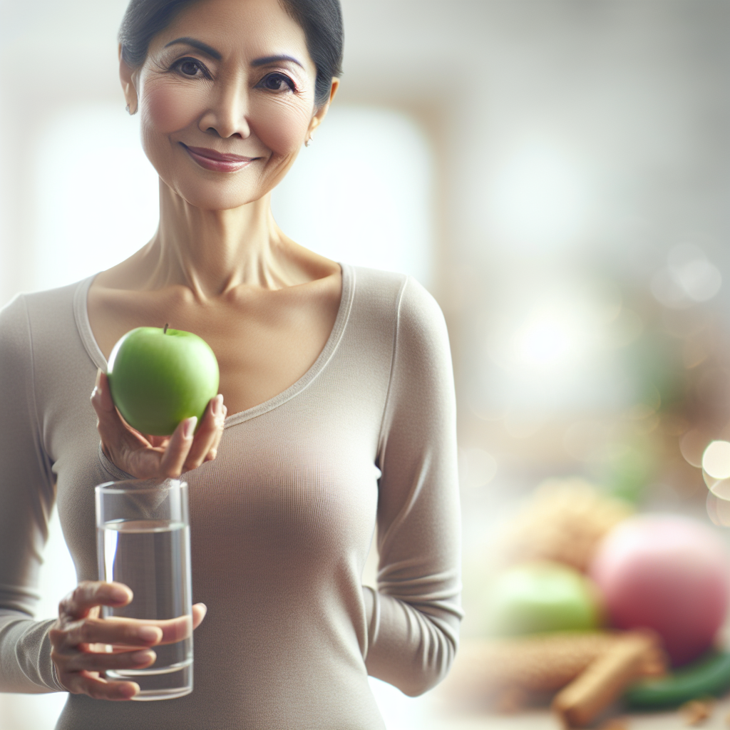 A serene woman in her late 40s or early 50s, standing confidently and smiling gently, holding a vibrant green apple or a glass of water. In the soft, blurred background, there are subtle, indistinct suggestions of tempting sugary or fatty foods fading away. The overall image conveys a sense of empowerment, balance, and well-being, with natural lighting and a realistic photographic style.