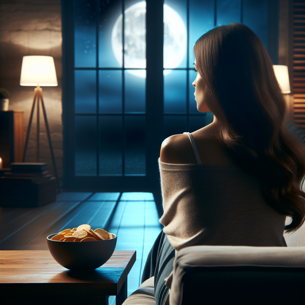 A person, seen from the back, sitting on a comfortable sofa in a cozy, dimly lit living room at night. Their gaze is directed away from a tempting, slightly out-of-focus bowl of snacks on a coffee table. Through a nearby window, a calm, serene moonlight shines, symbolizing peaceful sleep. The mood is one of quiet determination and a desire for restful nights.