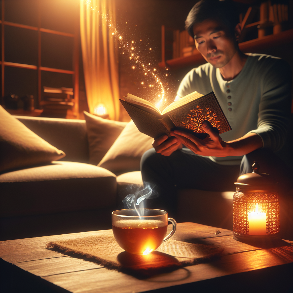 A cozy evening scene in a warmly lit living room. A person is comfortably seated on a sofa, deeply engrossed in reading an open book. A steaming cup of herbal tea sits beside them on a small table. The atmosphere is peaceful and reflective, conveying a sense of mindful well-being and the successful calming of evening cravings. The book subtly represents guidance and self-improvement.