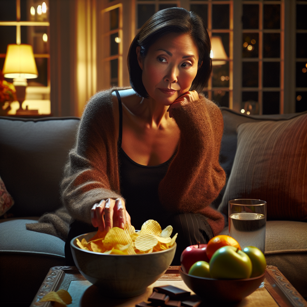 A person, perhaps female, sitting on a sofa in a dimly lit, cozy living room at night. They look contemplative and slightly conflicted, gazing at a tempting bowl of unhealthy snacks (chips, chocolate) on a coffee table, while also subtly noticing a bowl of fresh fruit or a glass of water nearby. The scene should evoke the common struggle with evening cravings and the potential for a mindful, healthier choice. Atmospheric lighting, realistic style, warm tones.