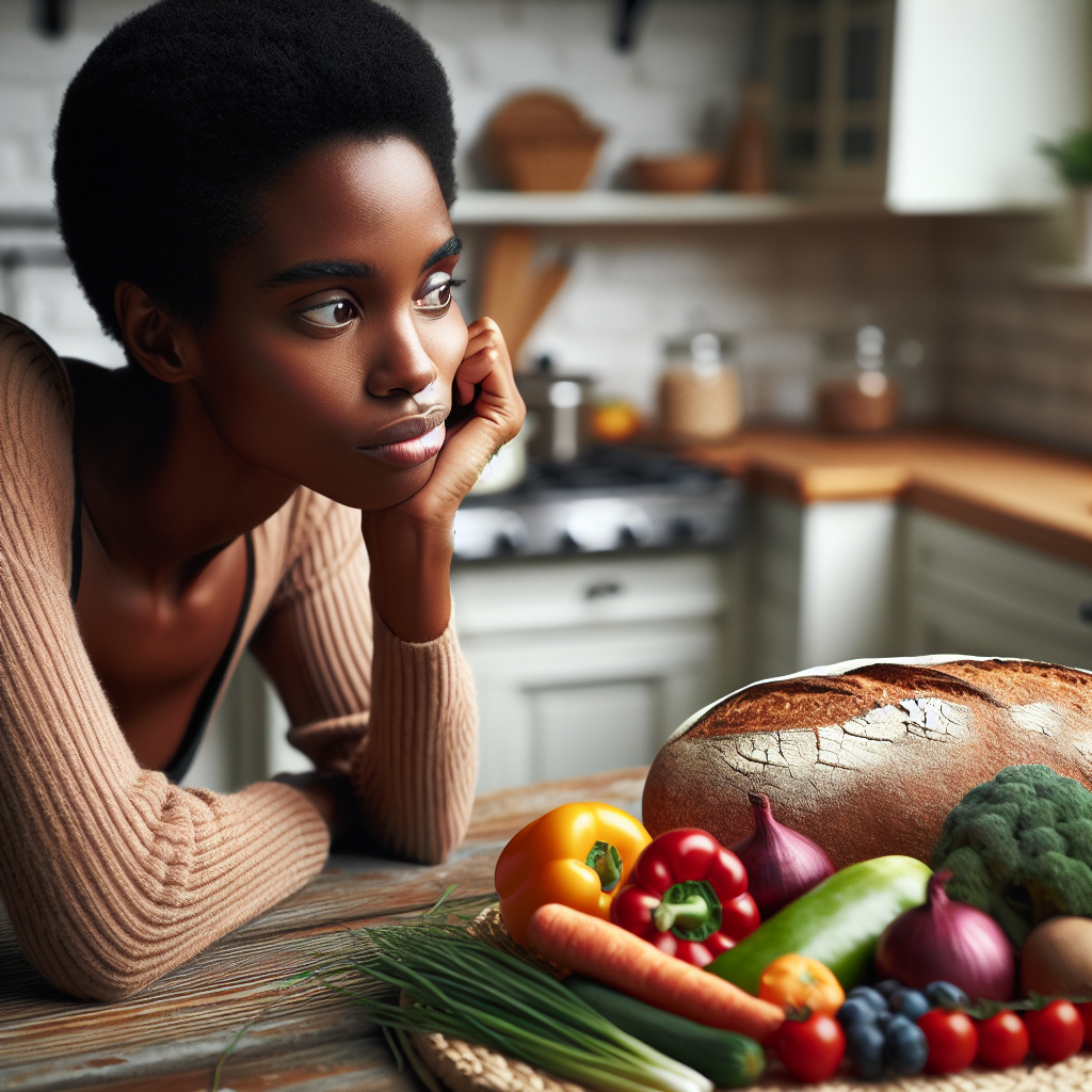 A person (gender-neutral) struggles with an intense craving, gazing longingly at a warm, tempting loaf of artisanal bread on a kitchen counter. Simultaneously, their focus is subtly shifting towards a vibrant, healthy spread of colorful vegetables, fruits, and lean protein laid out nearby, symbolizing a conscious choice to overcome the 'Heißhunger auf Brot' and embrace nutritious alternatives. Bright, inviting kitchen setting with soft, natural light. Realistic, emotionally expressive, capturing both the desire and the resolve.