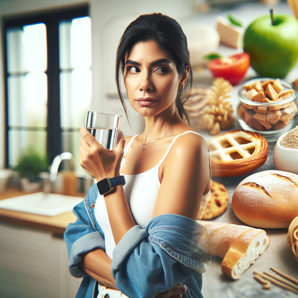 A person, perhaps a woman in her 30s-40s, stands in a modern kitchen, looking determined yet calm. She is turning away from a blurred, tempting display of various carbohydrate-rich foods like pastries, white bread, and pasta in the background. In her hand, she holds a glass of water or a crisp apple, symbolizing healthy choices and control over cravings. The overall mood conveys empowerment and success in managing hunger. Realistic, warm, natural lighting.