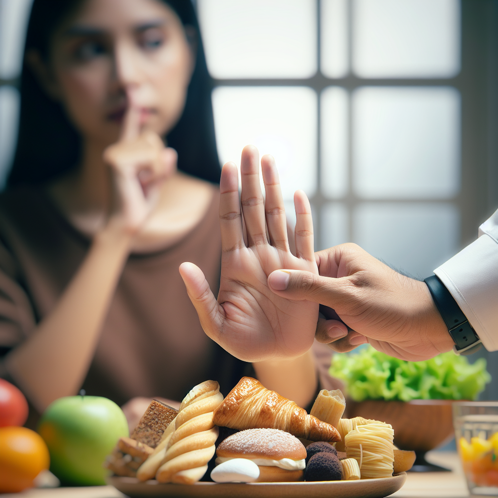 An expressive close-up of a person's hand, firmly yet gently blocking another hand that is reaching towards a blurred plate of tempting carbohydrates (like pastries, pasta, and bread). The background is subtly out of focus, suggesting a busy or stressful environment. In the foreground, there are hints of fresh, healthy ingredients like fruits or vegetables. The scene conveys a sense of self-control, empowerment, and making a conscious choice to stop a carb craving. Warm, natural lighting, realistic style.
