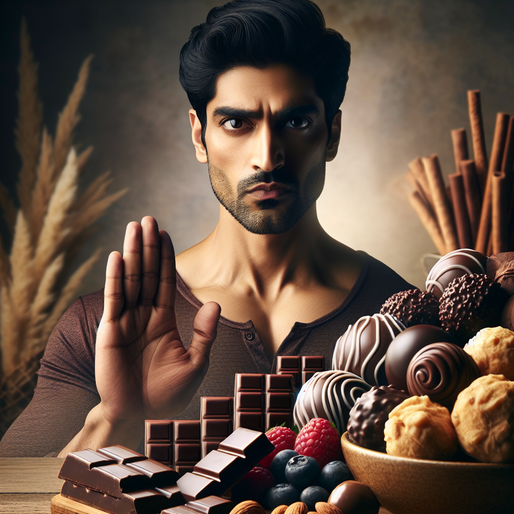 A person with a determined yet slightly conflicted expression, standing firm against a swirling, almost overwhelming wave of dark chocolate bars and melting truffles that looms in front of them. The person holds up a hand in a gesture of gentle resistance, while in the background, a subtle, warm light shines from behind healthier alternatives like a bowl of fresh berries or nuts, symbolizing choice and control. The scene should evoke a feeling of temptation being overcome, with a soft, inviting color palette. Realistic photo style.