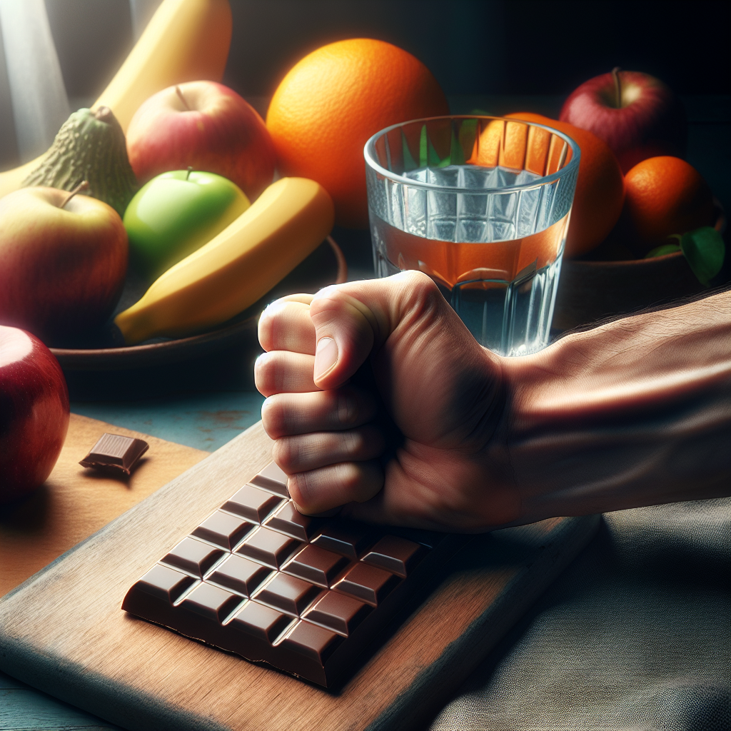 A person's hand gently but firmly pushing away a tempting, decadent chocolate bar. In the background, there's a soft blur of healthy alternatives like fresh fruit and a glass of water, symbolizing mindful choices and well-being. The overall mood is one of empowerment, control over cravings, and inner calm. Soft, natural lighting, realistic style.