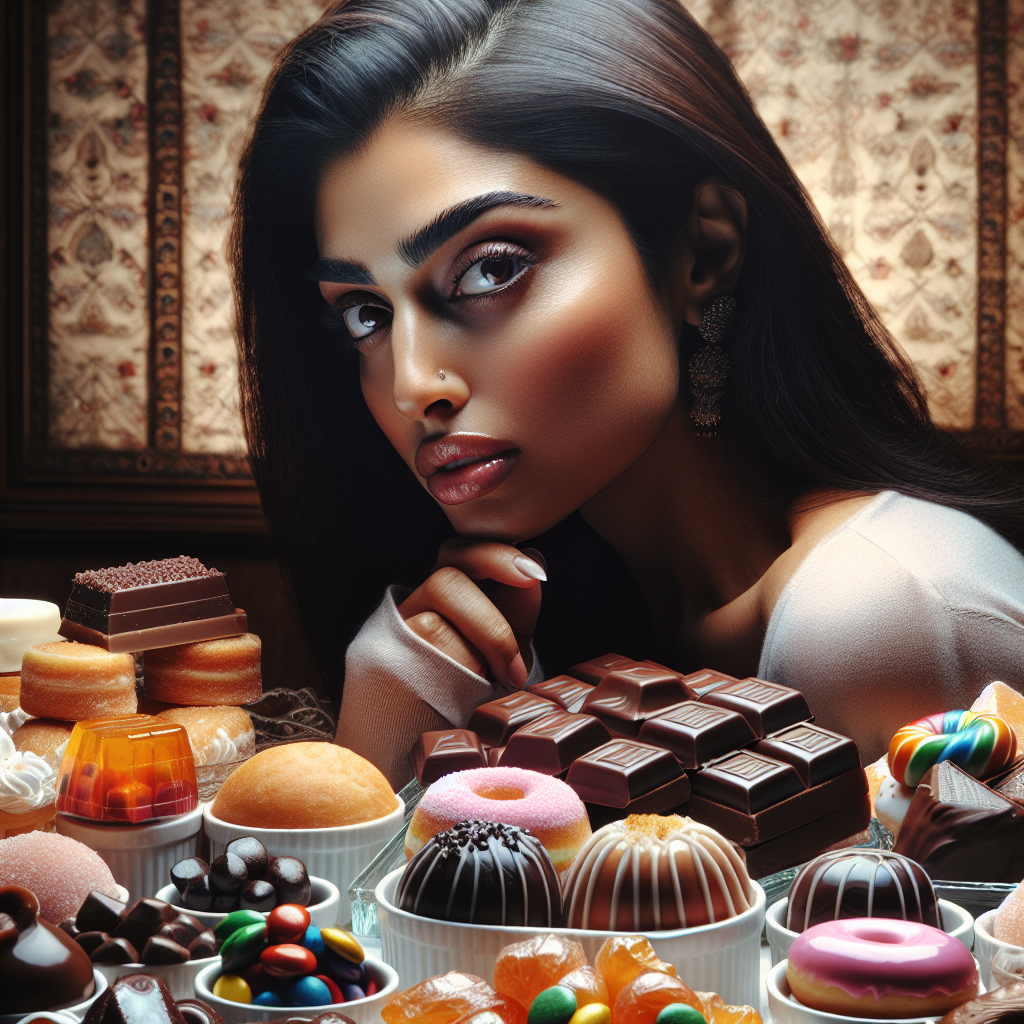 A person (diverse, relatable) is standing in front of an overflowing table of tempting sweets: chocolates, colorful candies, pastries, and donuts. Their eyes are fixed on the sugary treats with intense desire, but one hand is subtly holding back, reflecting an internal struggle and the conscious effort to resist the sugar craving. The scene should evoke both the allure of the sweets and the resolve to stop the impulse. Realistic photograph with soft, appealing lighting.