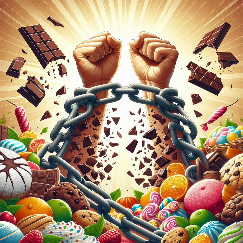 A powerful visual metaphor for overcoming sugar cravings: a person's determined hands are breaking heavy chains made of interconnected chocolate bars, colorful candies, and cookies. The chains snap and fall away, revealing a bright, healthy, and balanced lifestyle in the background. The scene exudes empowerment, freedom, and successful resistance to temptation. Digital illustration, blog header style, vibrant colors, clean aesthetic.