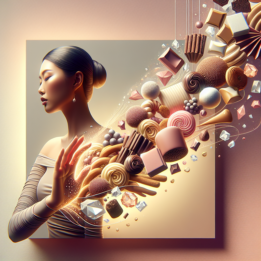 A person's hand firmly but gently pushing away a cascade of tempting, brightly colored sweets (chocolates, cookies, candies), creating a clear space. In the background, out of focus, a soft, diffused light emanates from small, crystalline mineral fragments, suggesting natural balance and inner strength. The foreground is sharp, emphasizing control and healthy choices. Soft, inviting light, clean and modern aesthetic, blog header style.