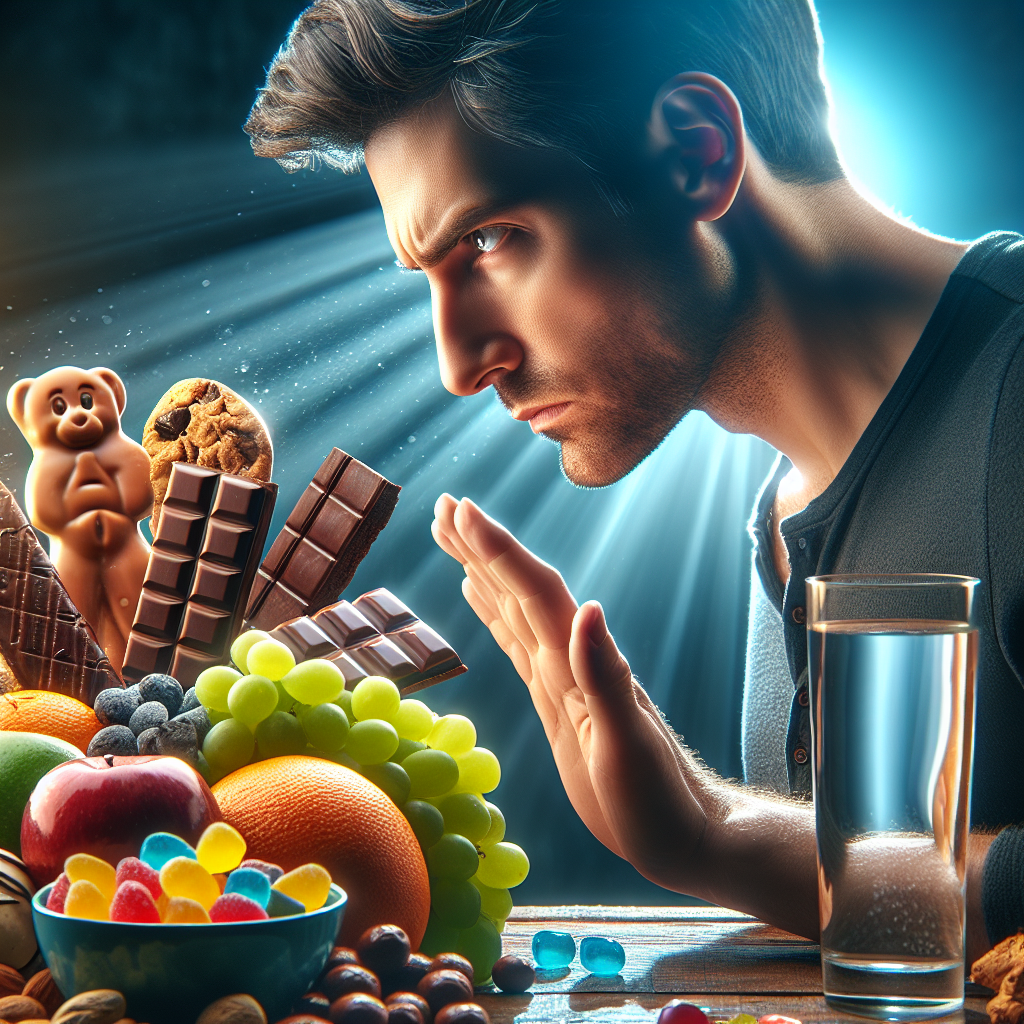 A person looks with a determined expression at a tempting, overflowing spread of diverse sweets like chocolate bars, cookies, and gummy bears, but their hand is reaching towards a vibrant bowl of fresh fruits, nuts, and a glass of water. The scene should convey the struggle of resisting sugar cravings and making a healthier choice. Bright, encouraging lighting. Realistic photograph, studio quality.