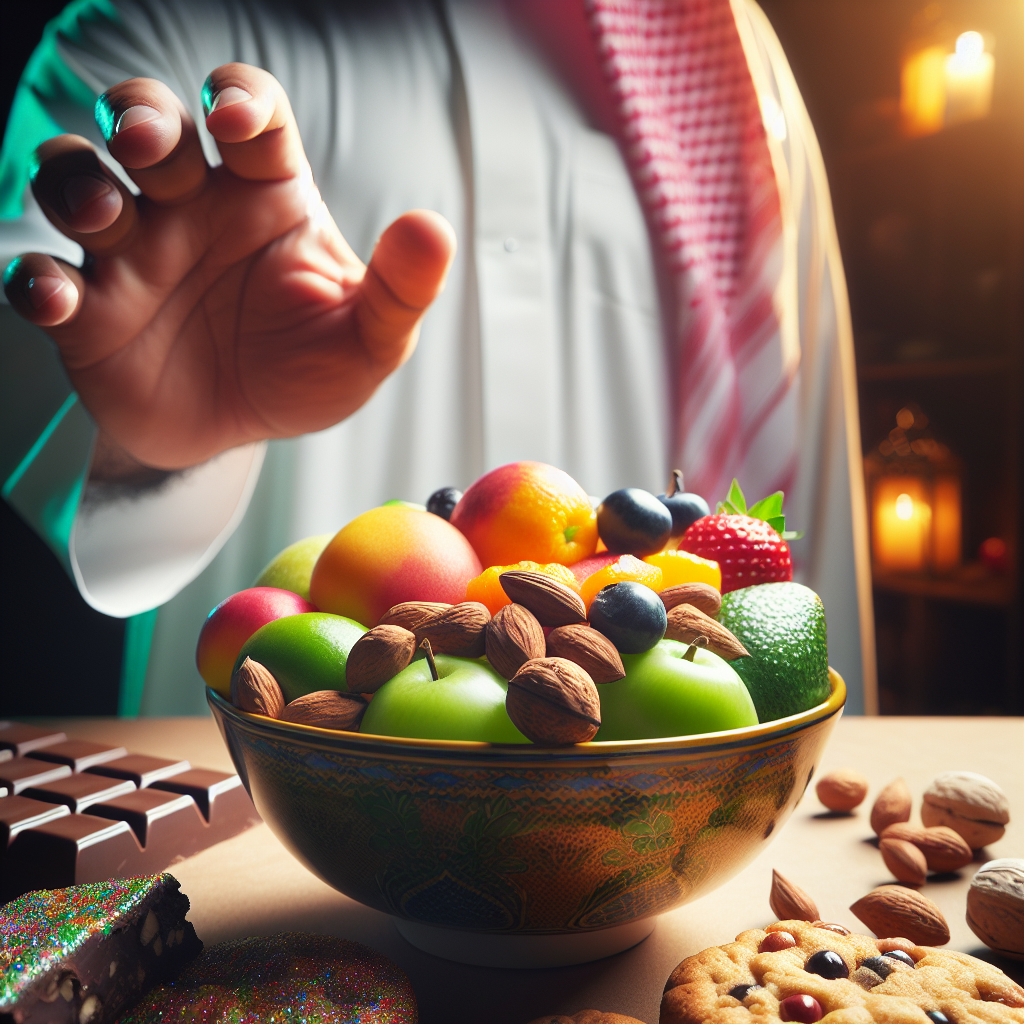 A person's hand confidently reaches for a vibrant, abundant bowl of colorful fresh fruits and healthy nuts, while in the background, slightly blurred and in the shadows, are tempting sugary treats like a glistening chocolate bar and cookies. The overall scene conveys a feeling of healthy empowerment and making a mindful choice over sugar cravings, with warm, inviting light. Studio photography style, realistic.