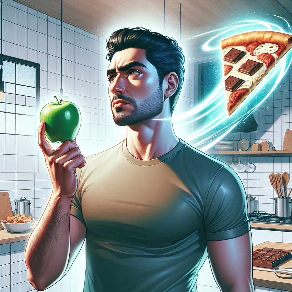 A determined person, slightly frustrated, stands in a modern, minimalistic kitchen. In one hand, they hold a crisp green apple. Before them, a ghostly, glowing apparition of a decadent chocolate bar and a large slice of pizza hovers, representing strong, tempting cravings ('Heißhunger'). The person looks torn but resolute, symbolizing the struggle against these urges during a diet. Clean, bright lighting. Realistic style.