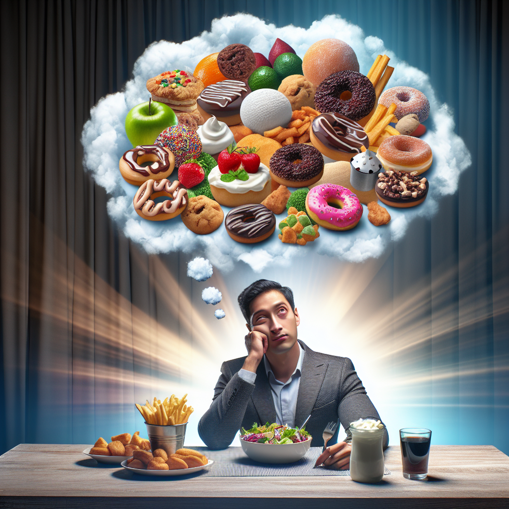 A person with a slightly drained or stressed expression, sitting at a table with a small, healthy meal (e.g., a salad or plain yogurt). Above their head, a vibrant, chaotic thought bubble or surreal mental image explodes with an abundance of highly enticing, indulgent foods like donuts, fries, and gooey chocolate chip cookies, symbolizing a sudden, intense 'Heißhunger' attack and the body's desperate craving for quick energy during a diet. Dynamic lighting, slightly surreal.