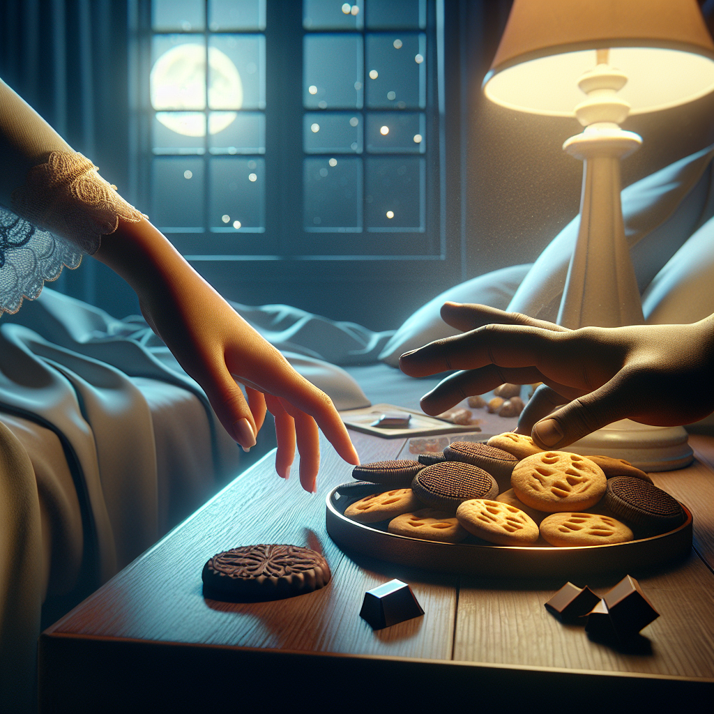 A person's hand reaches towards a tempting, glowing plate of cookies and chocolate on a bedside table in a dimly lit bedroom at night. Another hand gently pulls the reaching hand back, symbolizing resistance and self-control against nighttime cravings. The room is peaceful, with soft moonlight entering through a window. Realistic, cinematic style.