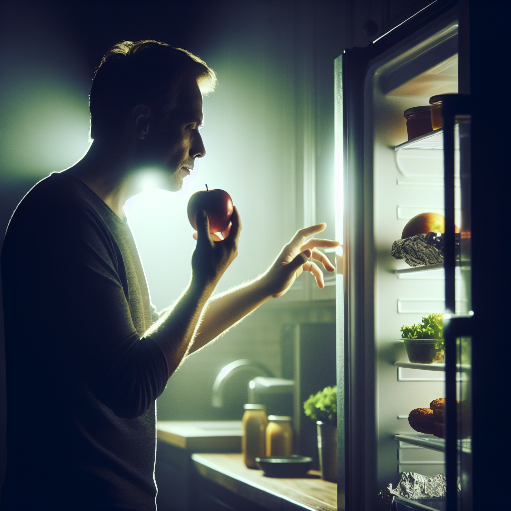 A person, silhouetted against the bright light of an open refrigerator in a dark, quiet kitchen at night, reaches for food. The scene conveys a sense of late-night craving and temptation, with soft, dramatic lighting. Realistic, cinematic style.