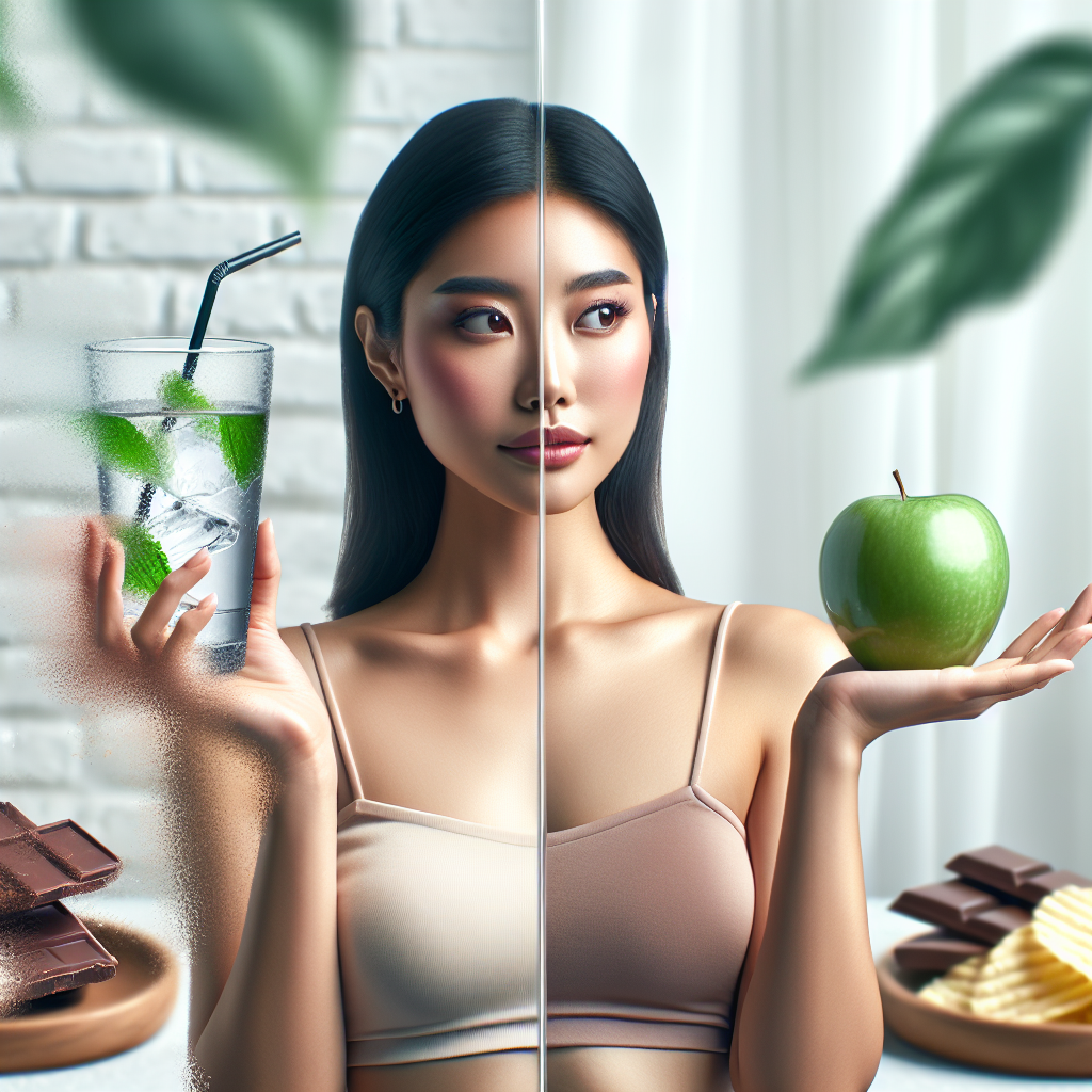 A person looking calm and empowered, gently pushing away a blurry, distant image of tempting unhealthy snacks (chocolate, chips) with one hand, while holding a vibrant, fresh piece of fruit or a glass of water in the other. The background is bright and clean, with subtle natural elements like green leaves. Emphasize a sense of control, wellness, and healthy choices. Modern, clean aesthetic. Soft, natural light.