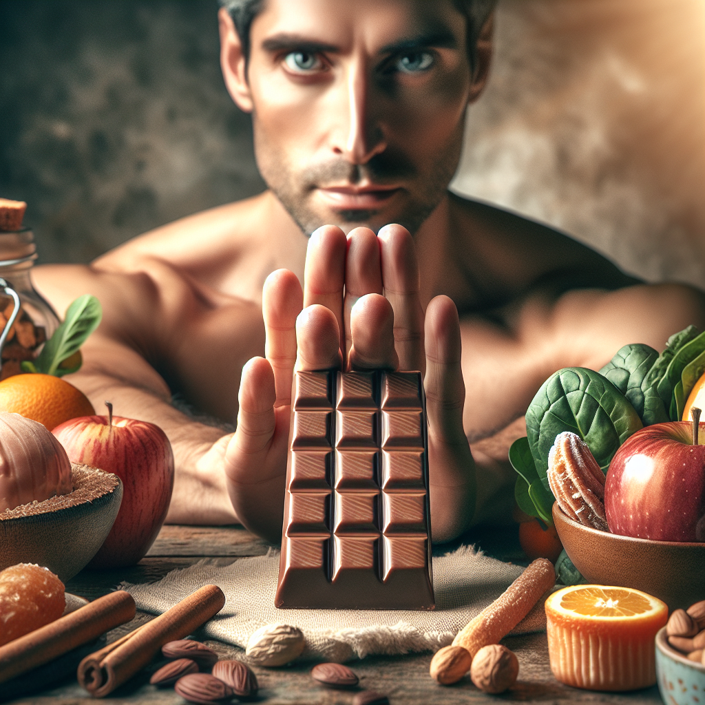 A person's hands gently but firmly pushing away a tempting, hyper-realistic sugary snack like a chocolate bar or a donut. Their expression is calm and resolute, conveying natural control over cravings. In the background, out of focus, are fresh, wholesome ingredients like colorful fruits, vegetables, and nuts, suggesting healthy alternatives. The lighting is soft and natural, emphasizing a balanced, empowered lifestyle. High-quality photographic style.