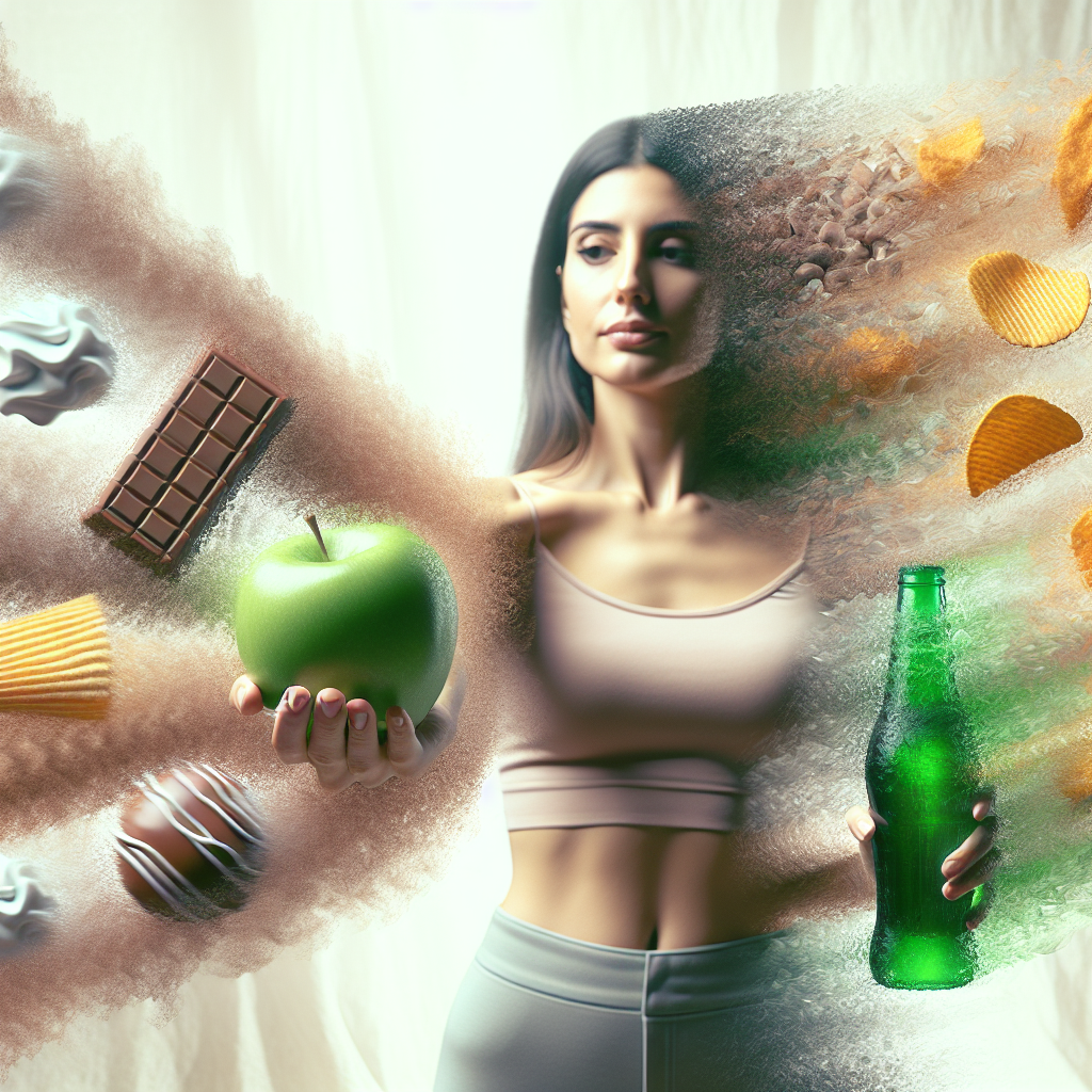 A person, looking empowered and calm, gently pushing away a shadowy, abstract representation of unhealthy snack foods (like blurred chocolate, chips, soda) that are receding into the background. In the foreground, the person holds a vibrant, fresh green apple or a glass of sparkling water, symbolizing healthy choice and control. The scene should convey a sense of overcoming sudden cravings ('Heißhunger') and achieving mindful eating. Clean, bright, motivational blog article style, with soft, natural lighting.