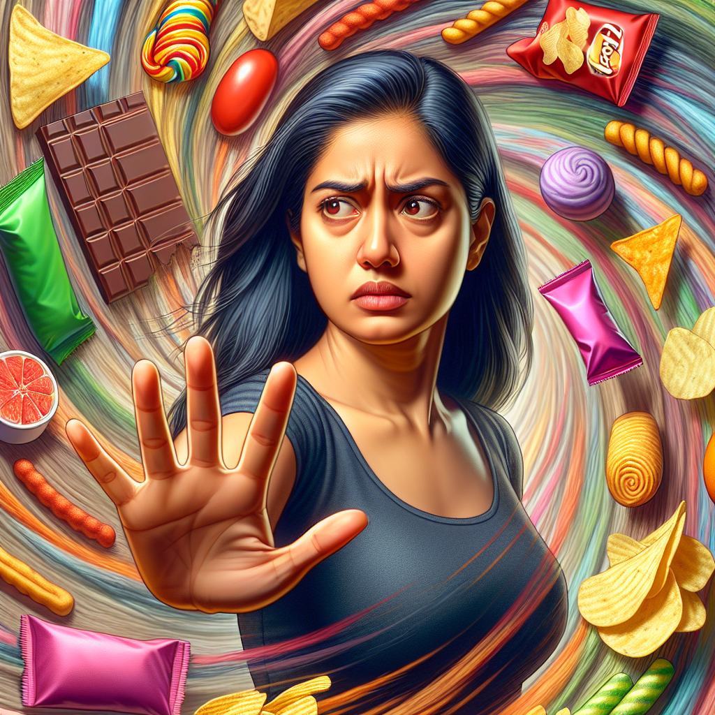 A person, looking determined but slightly stressed, holds up one hand as if mentally pushing back a swirling, colorful vortex of tempting snacks like chocolate bars, potato chips, and sugary treats. The person is in the foreground, facing the viewer, with the snack vortex receding slightly into the background, representing the battle against cravings. The style is realistic with a focus on the emotional expression and the vibrant, appealing look of the junk food. Soft, slightly blurred background.