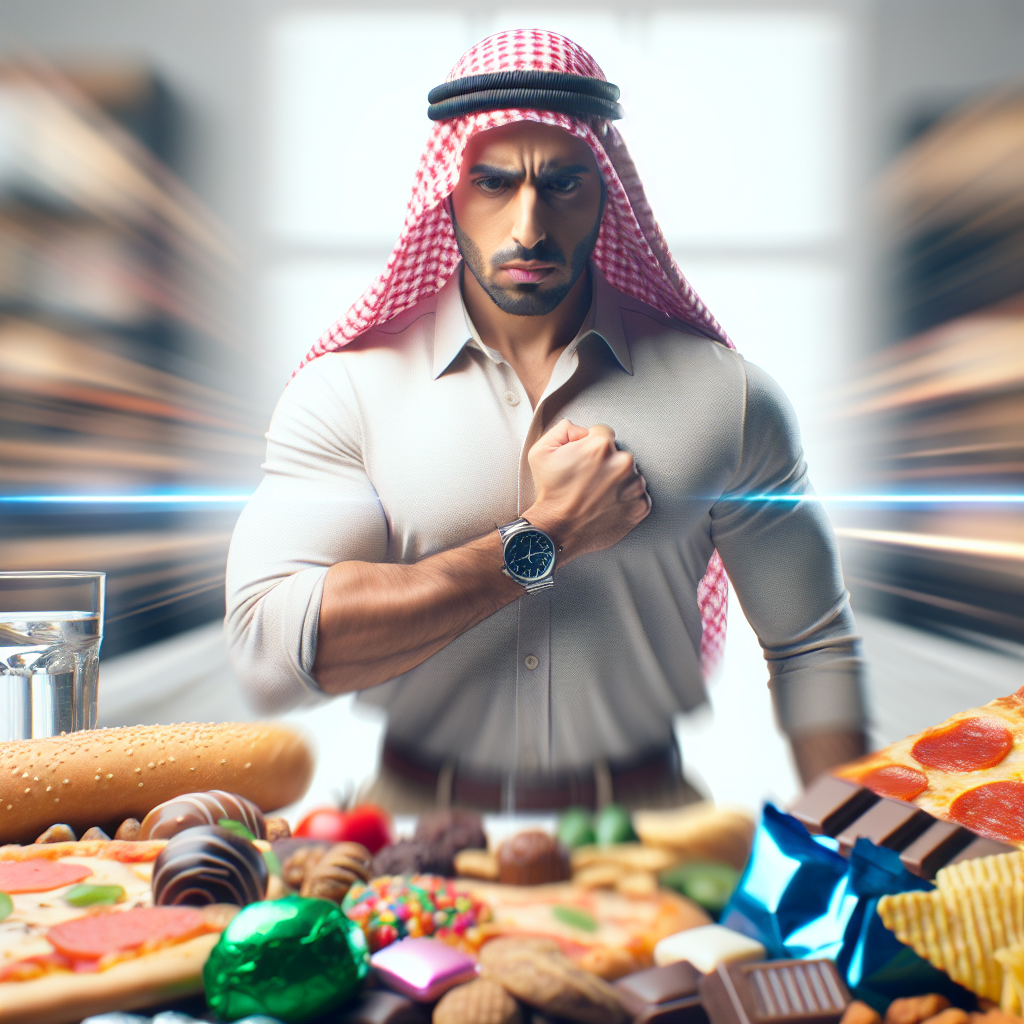 A person, looking determined and empowered, actively resisting a strong craving. In the background, a blur of highly tempting, unhealthy snacks like pizza, chocolate, and chips is visible, representing the 'Heißhunger'. In the foreground, the person is taking a deep, calming breath or consciously reaching for a glass of water, symbolizing the immediate action to stop the craving. The overall mood is one of control, clarity, and quick intervention against food temptations, with a motivating and clean aesthetic.