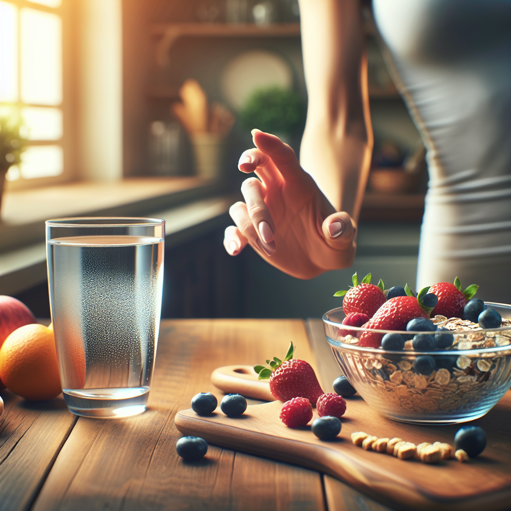 A person's hand, initially reaching for a blurred, tempting sugary snack in the background, is redirected towards a crisp, clear glass of water and a vibrant bowl of fresh berries and oats in the foreground. The scene is set in a warm, inviting home kitchen. The light is soft and highlights the healthier choices. The overall mood is one of gentle empowerment and relief from cravings, depicted in a realistic digital painting style.