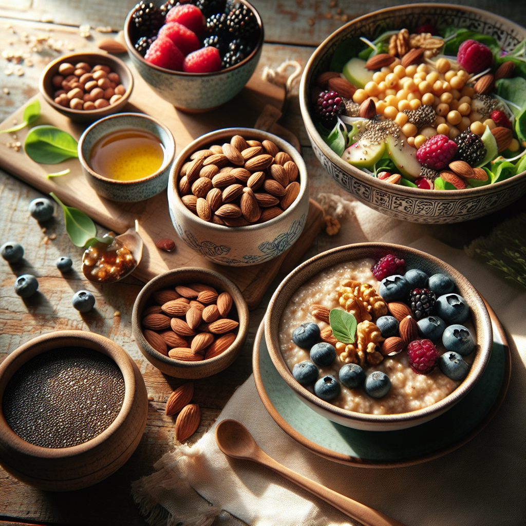 A beautifully composed flat lay of various healthy, anti-craving foods on a rustic wooden table. Include a warm bowl of oatmeal with fresh berries and a drizzle of honey, a small bowl of mixed almonds, walnuts, and chia seeds, and a vibrant salad bowl featuring lentils, chickpeas, and fresh greens. The scene should evoke feelings of warmth, comfort, and healthy satisfaction, with soft, natural lighting emphasizing freshness.