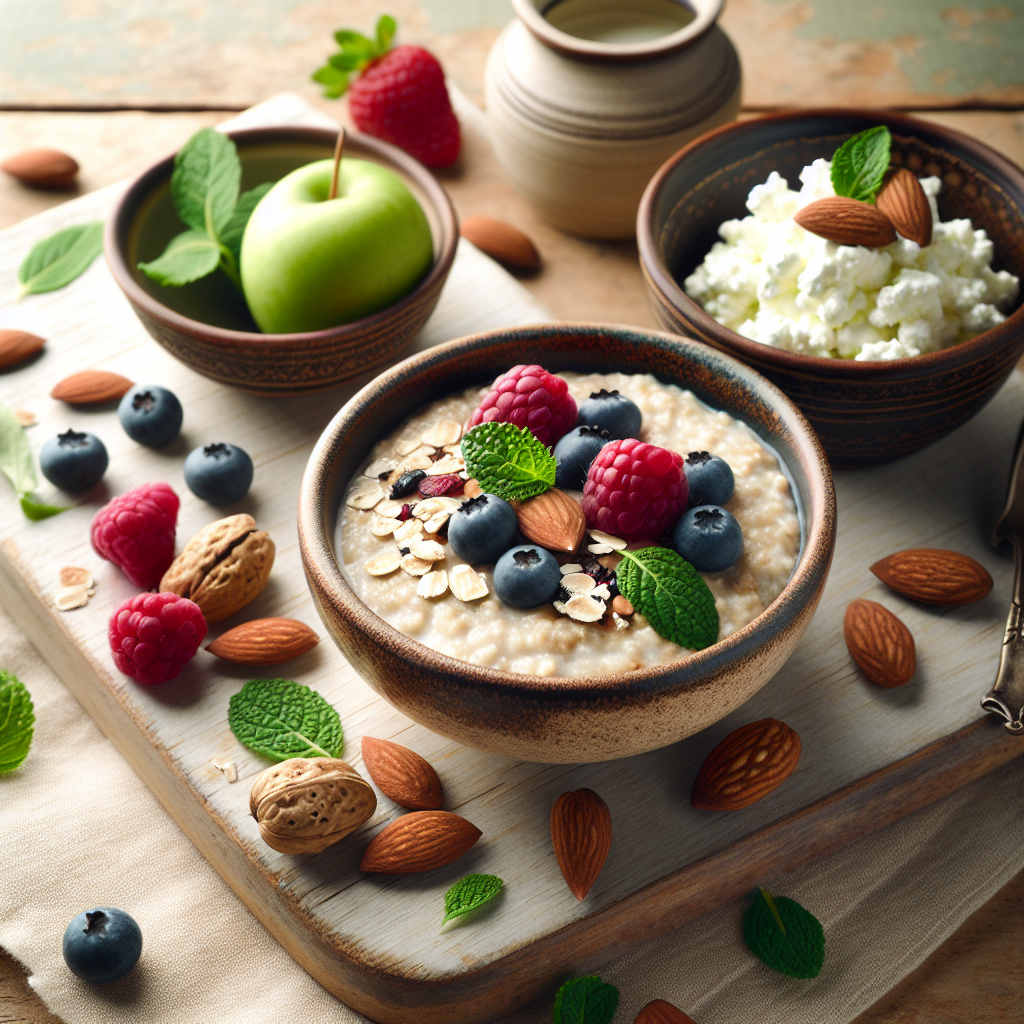 A beautifully arranged flat lay photograph of wholesome foods known to combat cravings: a rustic ceramic bowl of creamy oatmeal with fresh berries, a small dish of cottage cheese garnished with green herbs, and a scattering of almonds and walnuts. The items are placed on a light wooden surface with soft, inviting natural light, creating a sense of calm and healthy satisfaction. The overall aesthetic is clean, fresh, and appetizing, emphasizing nutrition and well-being against the backdrop of hunger management.