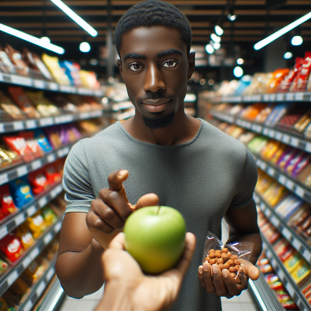 A person with a determined but calm expression, making a healthy choice by reaching for an apple or a small bag of nuts, while in the background, out of focus, are tempting but unhealthy snacks like chocolate bars and chips. The scene is set in a bright, clean, modern supermarket aisle, emphasizing control over cravings and mindful eating. The lighting is soft and inviting, suitable for a blog article.