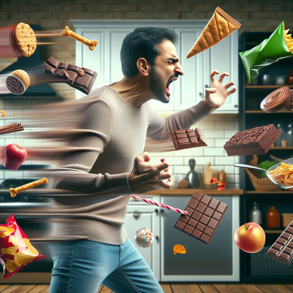 Eine Person, sichtbar gestresst und überwältigt, steht in einer Küche oder einem Wohnzimmer. Um sie herum schweben oder erscheinen verschiedene verlockende, ungesunde Lebensmittel wie Schokoriegel, Chipstüten und Süßigkeiten auf eine fast bedrohliche, magnetische Weise und ziehen die Person zu sich hin. Die Person versucht zu widerstehen, sieht aber aus, als stünde sie kurz davor, nachzugeben. Der Hintergrund ist leicht unscharf, um den inneren Kampf zu betonen. Moderner, sauberer Stil, dynamische Komposition, subtile warme Beleuchtung auf dem Essen, um die Versuchung zu verstärken.
