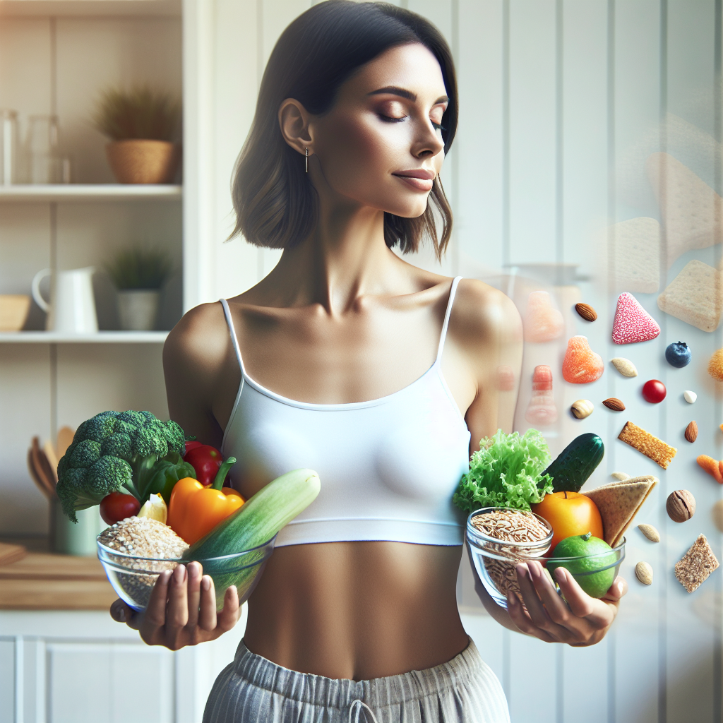Eine Person, die selbstbewusst und ruhig gesunde Lebensmittel (frisches Obst, Gemüse, Vollkornprodukte, Nüsse) in einer Hand oder auf einer Seite balanciert, während sie eine schemenhafte, weniger definierte Darstellung von verlockendem Junk Food (Süßigkeiten, Chips) auf der anderen Seite sanft wegschiebt oder daran vorbeiblickt. Die Umgebung ist hell und sauber, vielleicht eine Küche oder ein ruhiger, minimalistischer Raum. Die Person hat einen gelassenen und gestärkten Ausdruck, der die Kontrolle über Heißhungerattacken symbolisiert. Betont Balance, Wohlbefinden und bewusste Wahl. Weiches, natürliches Licht, moderne, klare Ästhetik.