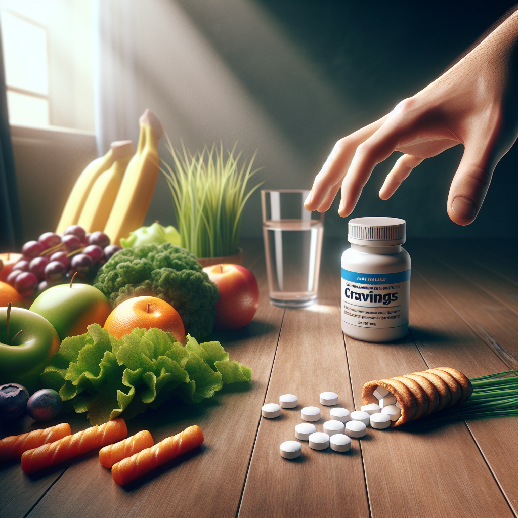 A person's hand reaching towards an irresistible, unhealthy snack, while a bottle of 'Anti-Cravings' pills is prominently placed in the foreground. In the background, softly blurred, are elements symbolizing healthier alternatives like fresh fruits, a glass of water, and a green plant. The image should convey the internal conflict of dealing with cravings and the choice between quick fixes and sustainable well-being. Realistic, detailed studio photography style with soft, natural light.
