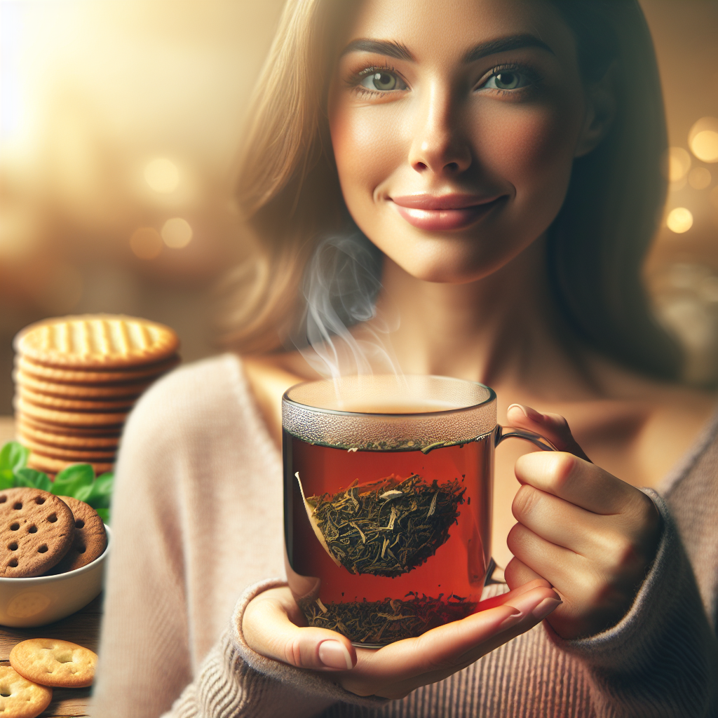A person looks serene and content, holding a steaming mug of herbal tea with delicate tea leaves visible. In the soft-focus background, common cravings like cookies or potato chips appear distant and unappealing, symbolizing the tea's ability to curb desire. The scene evokes a sense of natural calm and control over appetite, with warm, inviting light.