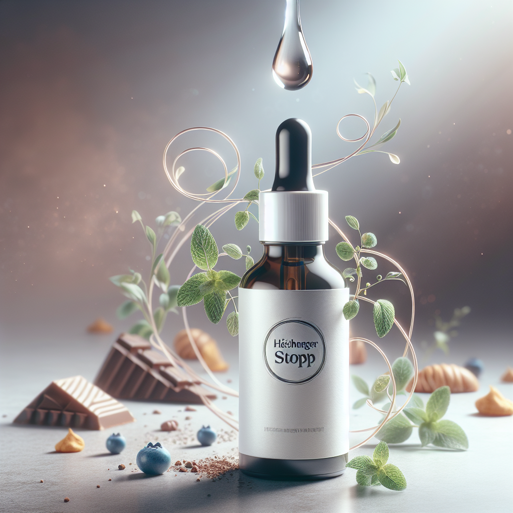 A small, elegant dropper bottle labeled 'Heißhunger Stopp' at the forefront, with a single drop poised to fall. In the background, a subtle, artistic blur of common craving foods like chocolate, chips, and pastries appears to recede or fade away, symbolizing control over hunger. Delicate herbal elements like mint leaves or berries are intertwined around the bottle. The overall mood should be calming and empowering, with soft, natural lighting and a high-detail, photorealistic style.