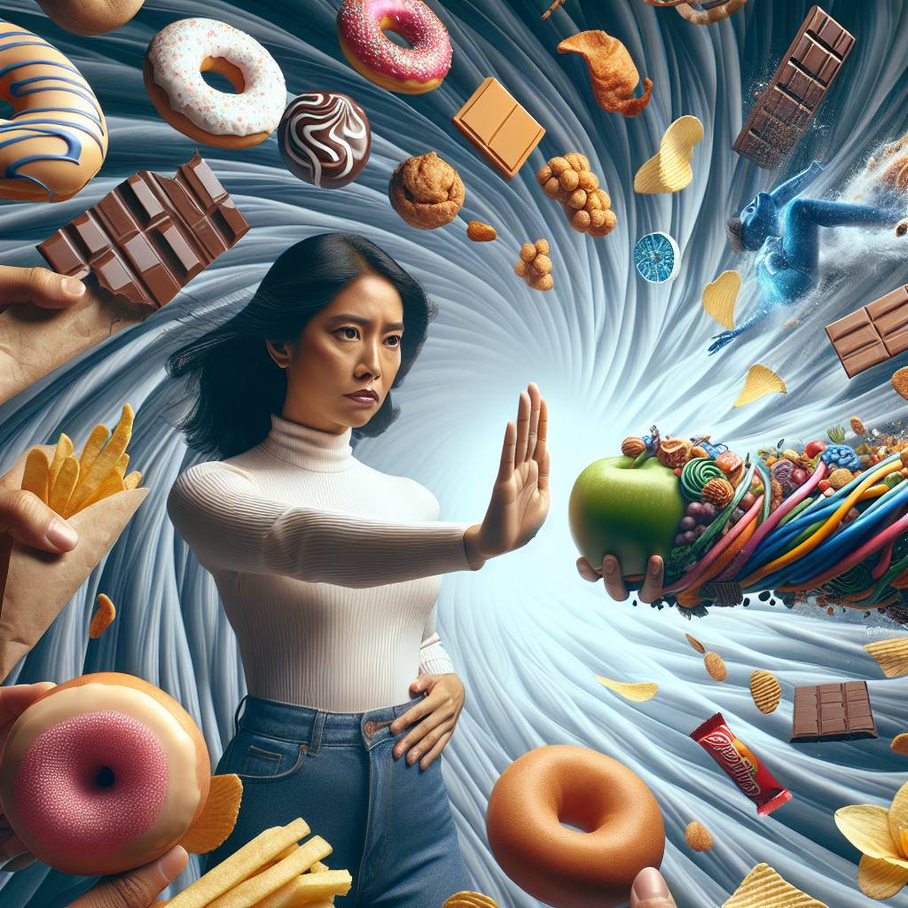 A person with a calm and determined expression, gently pushing away a swirling vortex of tempting unhealthy foods (like donuts, chocolate bars, chips) that are trying to overwhelm them. The person holds a fresh apple, symbolizing healthy choice and control. The background is clean and bright, emphasizing clarity and overcoming cravings. The image conveys empowerment and effective management of 'Heißhunger'.