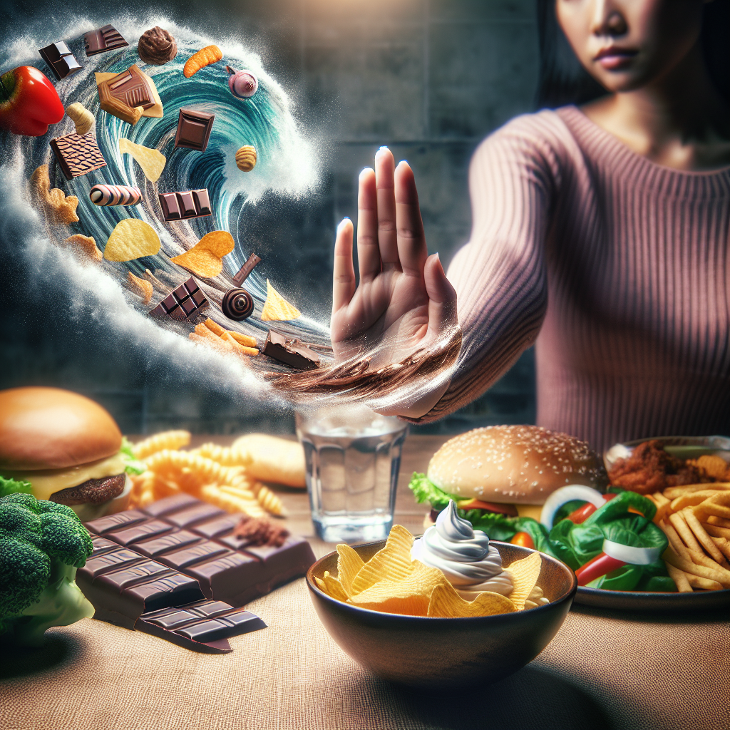 A person's hand, strong and resolute, gently but firmly pushing away an abstract, swirling wave of highly tempting, unhealthy foods like chocolate, chips, and fast food. In the background, subtly out of focus, a calm, well-balanced meal (e.g., vegetables, lean protein) and a glass of water are visible, symbolizing control and healthy choices. The lighting is soft and empowering, illustrating the ability to stop cravings. High detail, realistic photography style.