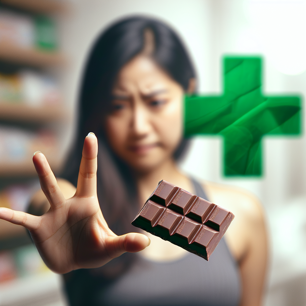 A determined person, possibly a woman, actively pushing away or resisting a tempting, unhealthy snack (like a chocolate bar or a donut) that is close to them. In the background, subtly blurred, there's a stylized green pharmacy cross or a clean, health-related symbol, suggesting a solution or medical aid to cravings. The atmosphere should convey overcoming strong urges and finding control. Realistic, high-resolution photo.