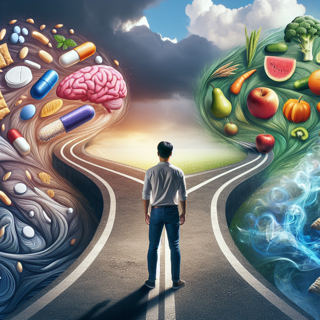 A person standing at a crossroads, representing the struggle with intense food cravings. On one path, stylized medical symbols like pills and abstract brain activity. On the other path, natural elements such as fresh fruits, vegetables, and a calm, mindful setting. Swirling around the person are ghost-like, tempting sweet and fatty snacks, emphasizing the intense desire. The overall image should convey the theme of controlling appetite through different methods, with a balanced, slightly surreal and hopeful tone.