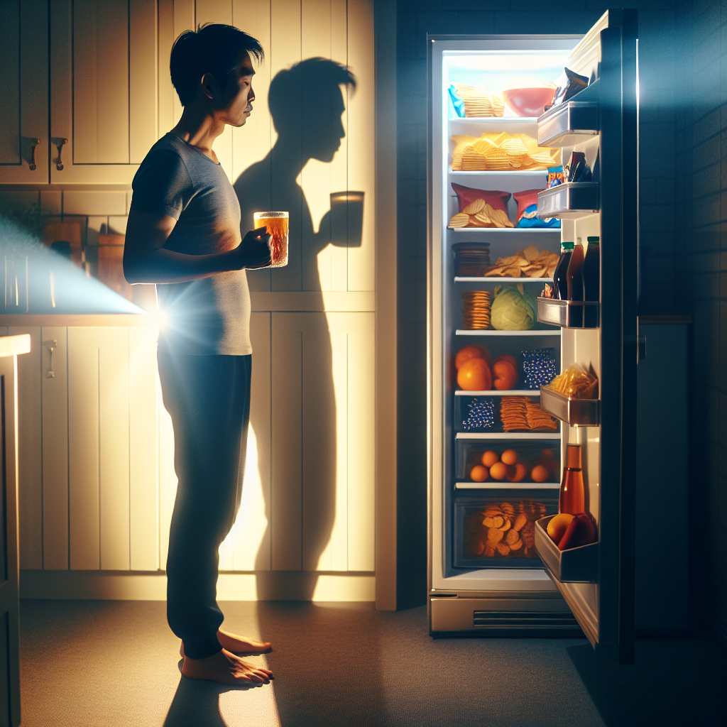 A person stands in a softly lit evening kitchen, their shadow reaching towards an open, glowing refrigerator filled with tempting snacks like chips and chocolate. Simultaneously, their other hand gently holds a warm cup of herbal tea or a piece of fruit on the counter, symbolizing a calmer, healthier choice. The scene conveys a moment of quiet contemplation and the choice to overcome evening cravings for a peaceful night. Atmospheric, with warm lighting.