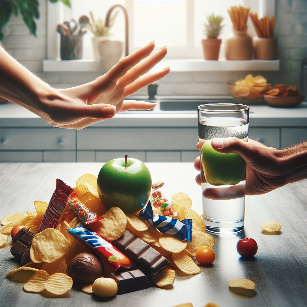 A person's hand reaches impulsively towards an out-of-focus pile of tempting, unhealthy snacks like chocolate bars and potato chips, while another hand firmly yet gently intercepts, offering a crisp apple and a glass of water in sharp focus. The setting is a bright, modern kitchen counter, conveying a moment of mindful choice and control over cravings. Realistic photography, natural light.