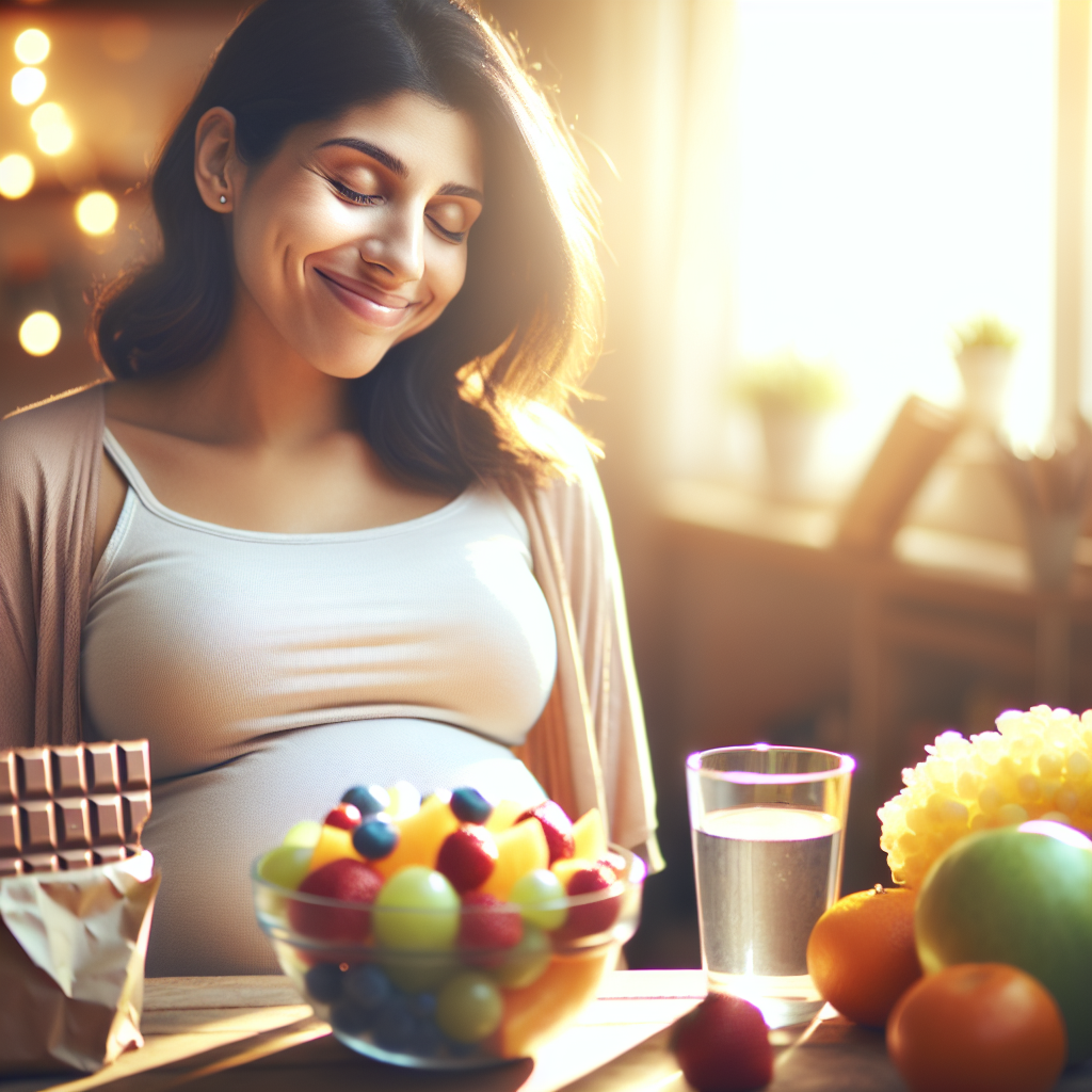 A radiant pregnant woman with a serene smile, happily enjoying a bowl of fresh, colorful fruit and a glass of water. In the soft-focus background, subtly visible are common craving foods like a chocolate bar and a bag of potato chips, representing temptations being gracefully overcome. The scene conveys a feeling of healthy choices, peace, and well-being during pregnancy, with warm, natural lighting. Realistic photo style.