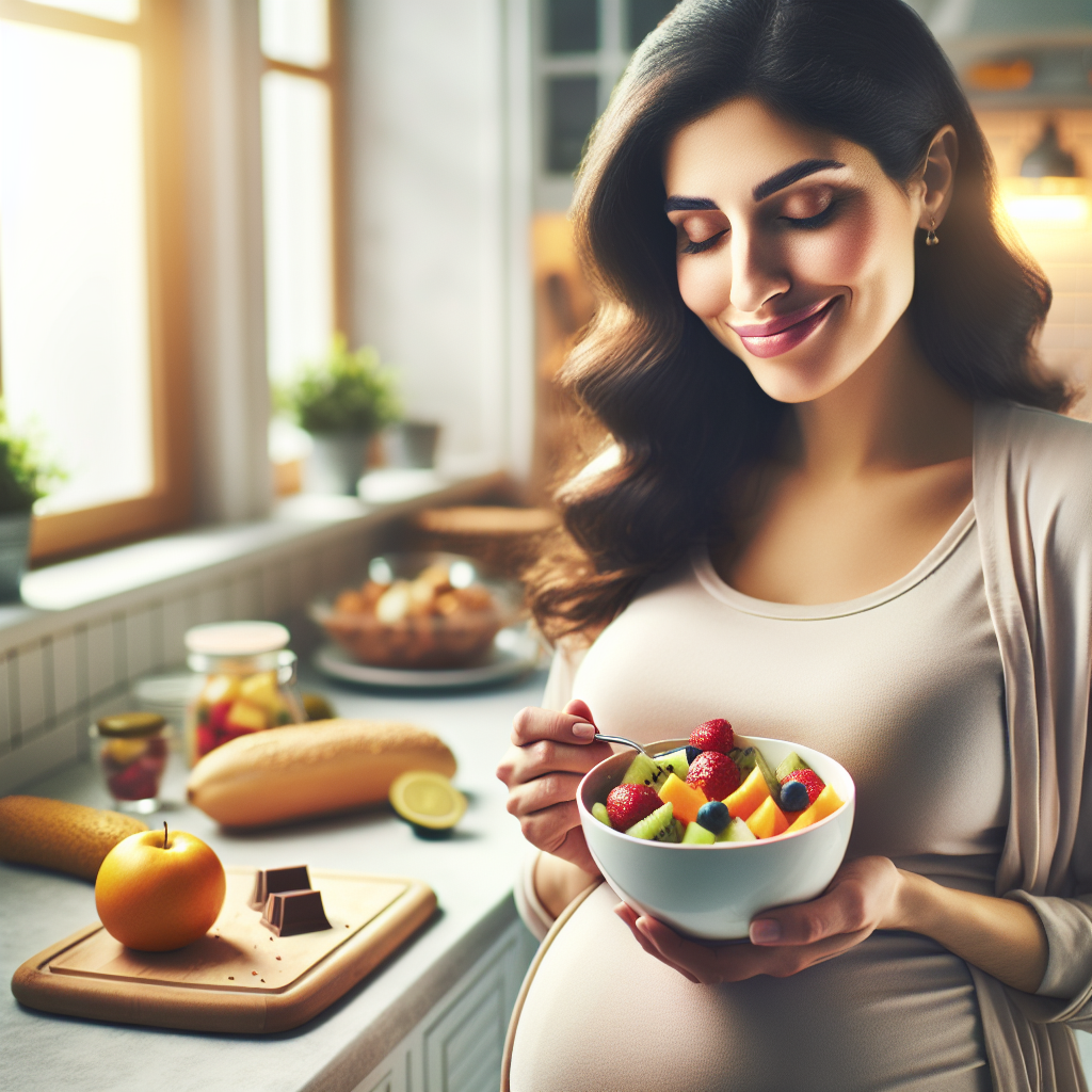 A serene pregnant woman in a bright, inviting kitchen, gently smiling as she enjoys a healthy snack like a colorful fruit salad. In the background, subtly hinted, are elements representing common pregnancy cravings such as a small piece of chocolate or a pickle, but her focus is clearly on balanced, nourishing choices. The overall atmosphere is peaceful, empowering, and emphasizes well-being and mindful eating during pregnancy. Realistic, warm lighting.