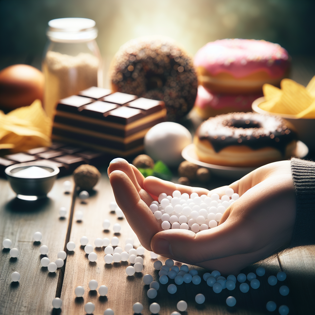 A close-up shot of a person's hand gently holding a few small white homeopathic globuli pellets. In the soft-focus background, tempting unhealthy foods like a chocolate bar, a donut, and potato chips are visible, representing intense cravings. The lighting is natural and soft, creating a calm and thoughtful atmosphere, conveying the idea of a gentle approach to managing strong food desires.