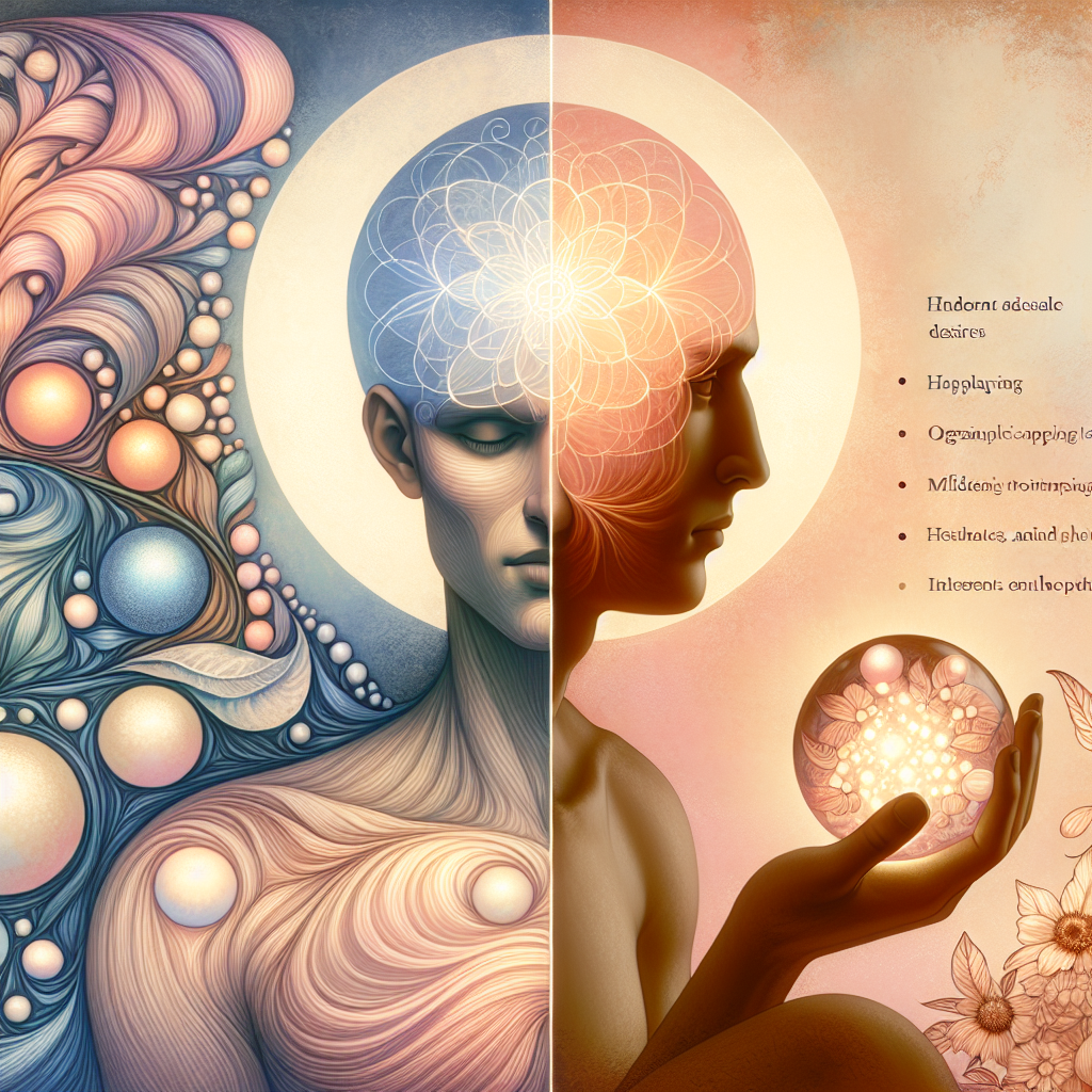 A person (gender-neutral) in a peaceful, contemplative pose, surrounded by elements that suggest both the challenge of cravings and the solution of natural balance. On one side, a subtle, swirling, almost ghost-like representation of intense cravings (warm, inviting, yet slightly restless colors/shapes). On the other side, soft natural light, healing herbs, and tiny, glowing, pearl-like spheres (symbolizing homeopathy) bring a sense of calm, equilibrium, and gentle relief. The overall image should evoke natural well-being and hope, rendered in a soft, ethereal style.