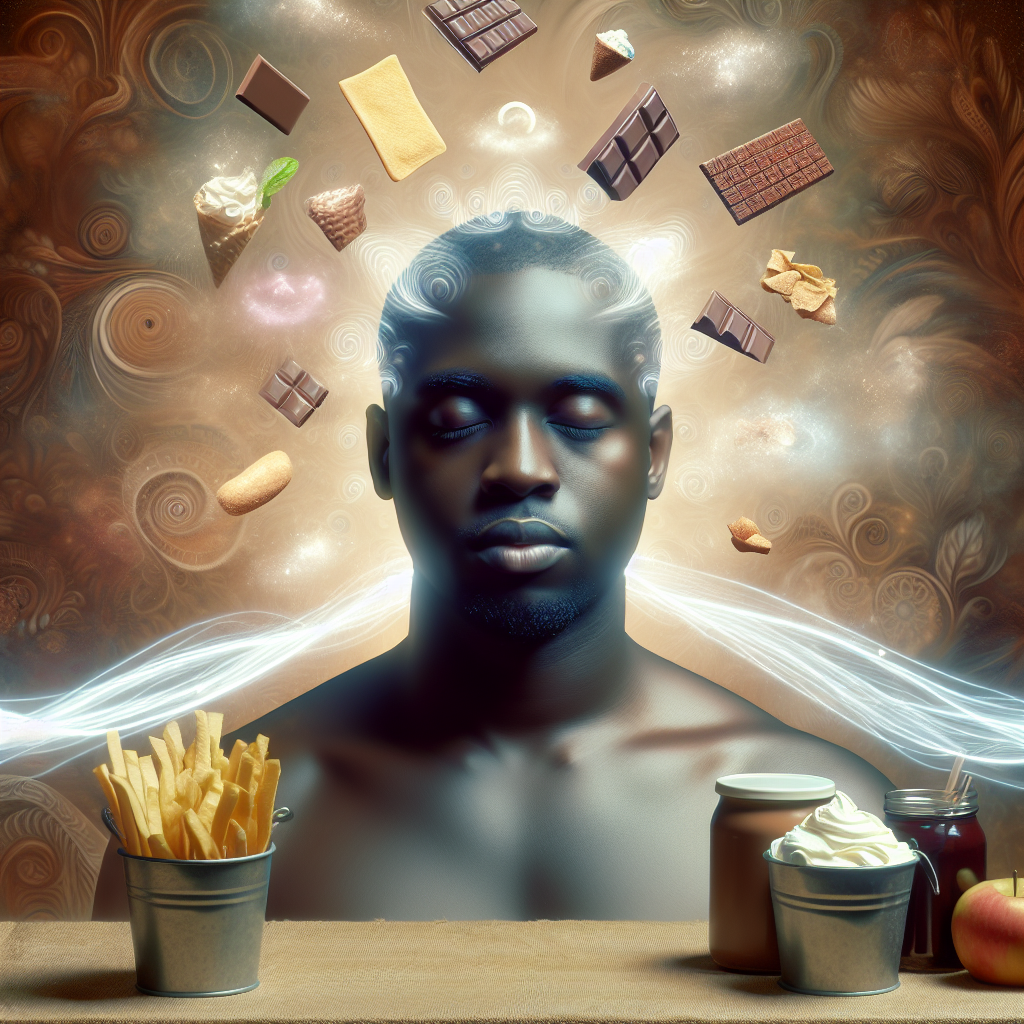 A person with a calm, serene expression, eyes gently closed, immersed in a tranquil, almost dreamlike state. Soft, swirling light or ethereal patterns emanate from their head, symbolizing hypnosis and mental clarity. In the background, tempting, unhealthy foods like chocolate bars, chips, and fast food are subtly fading away or becoming translucent, signifying the release from cravings. The overall mood is peaceful and empowering, with a focus on mental control and well-being. Digital painting, soft focus, warm and cool tones.
