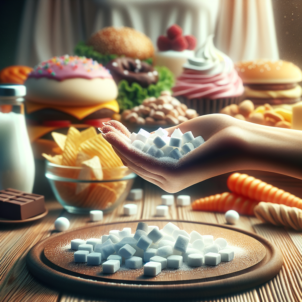 A modern, clean image depicting a person's inner struggle with intense food cravings, symbolized by a blurred background of tempting sweets, chips, and fast food. In the foreground, a gentle hand offers small, white Schüßler salt tablets on a natural, earthy surface (like a wooden table or a smooth stone). The overall mood should be one of calm, control, and natural healing, emphasizing the relief from uncontrolled appetite. Soft, warm lighting. High detail.