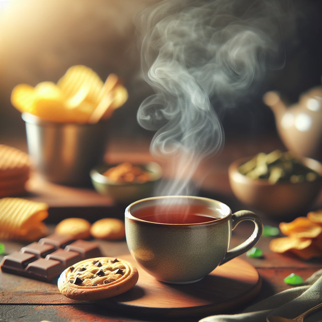 A steaming, comforting cup of herbal tea on a warm wooden table, with a blurred background of tempting, unhealthy snacks (like chips, cookies, or chocolate bars) fading away or being pushed aside. The tea cup is in sharp focus, emanating a sense of calm, warmth, and healthy satisfaction, symbolizing the act of overcoming cravings with tea. Soft, inviting light, cozy atmosphere.