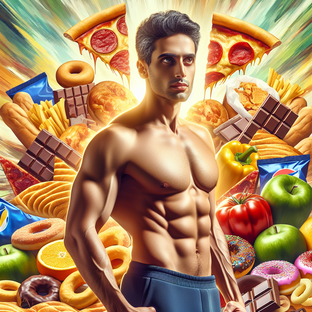A determined person, looking healthy and in control, gently but firmly pushing away an exaggerated, almost cartoonish pile of tempting, unhealthy junk food (like pizza slices, donuts, chocolate bars, potato chips) that tries to lure them. The background is bright and positive, suggesting a path towards wellness. The person has a calm, confident expression, symbolizing overcoming cravings. Dynamic composition, vibrant colors, realistic style.